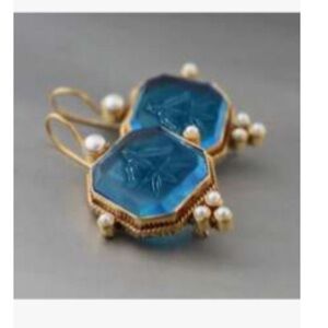 Elegant Blue and Gold Earrings with Pearls - Muti Element- Boho Style